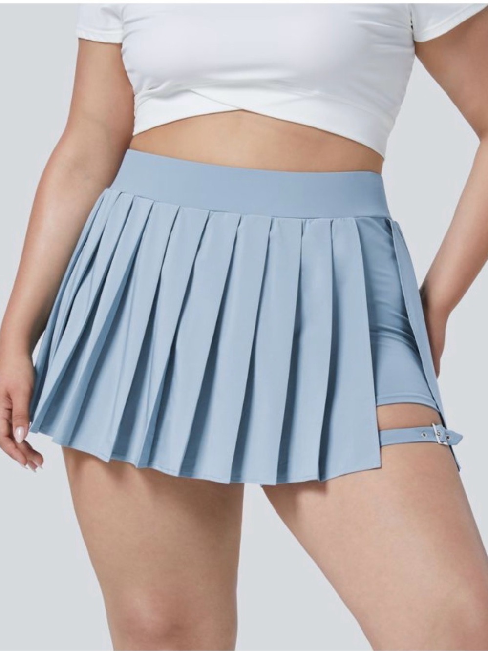 Halara Breezeful High Waisted Pleated Adjustable Buckle Mini Skirt XL Light Blue